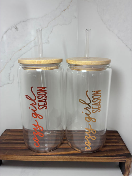 Cozy Girl Era Glass Can with Bamboo lid & Straw: Cozy Season/Autumnal Glass Cup - The Crafty Bee