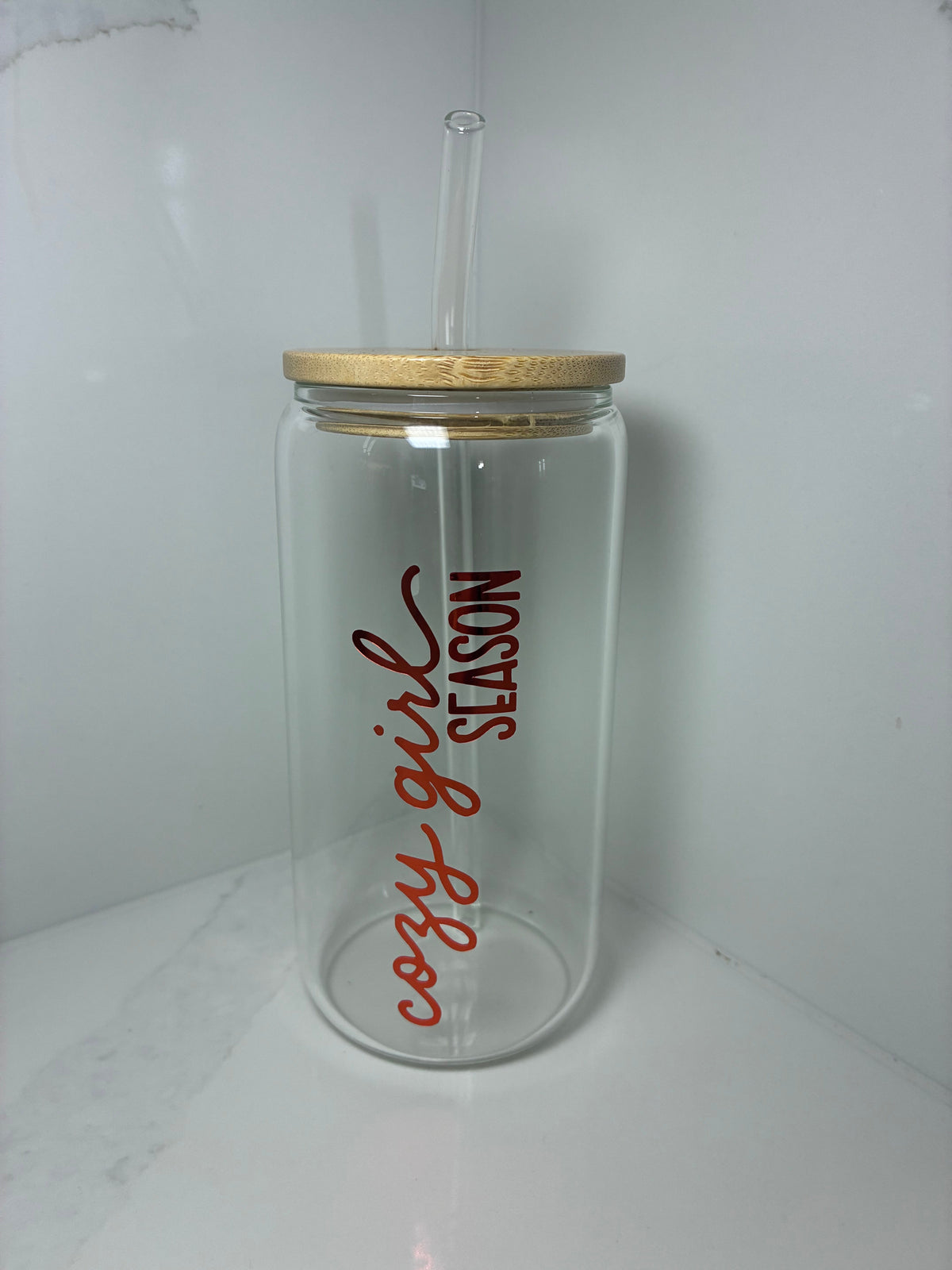 Cozy Girl Era Glass Can with Bamboo lid & Straw: Cozy Season/Autumnal Glass Cup - The Crafty Bee