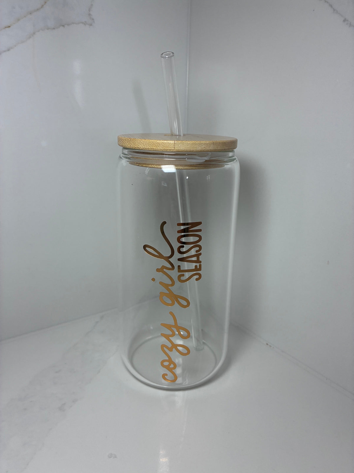 Cozy Girl Era Glass Can with Bamboo lid & Straw: Cozy Season/Autumnal Glass Cup - The Crafty Bee