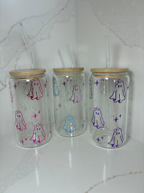 Cute Ghost with Bow Glass Cup | Sweet, Girly Ghost Boo Basket Gift Tumbler - The Crafty Bee