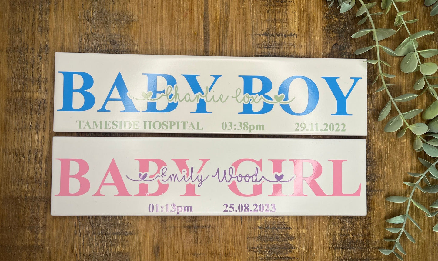 Personalised New Baby Gift I Newborn Announcement Plaque/Tile  |  New Baby Sign  | Bedroom Sign | Handmade Nursery Wall Decor