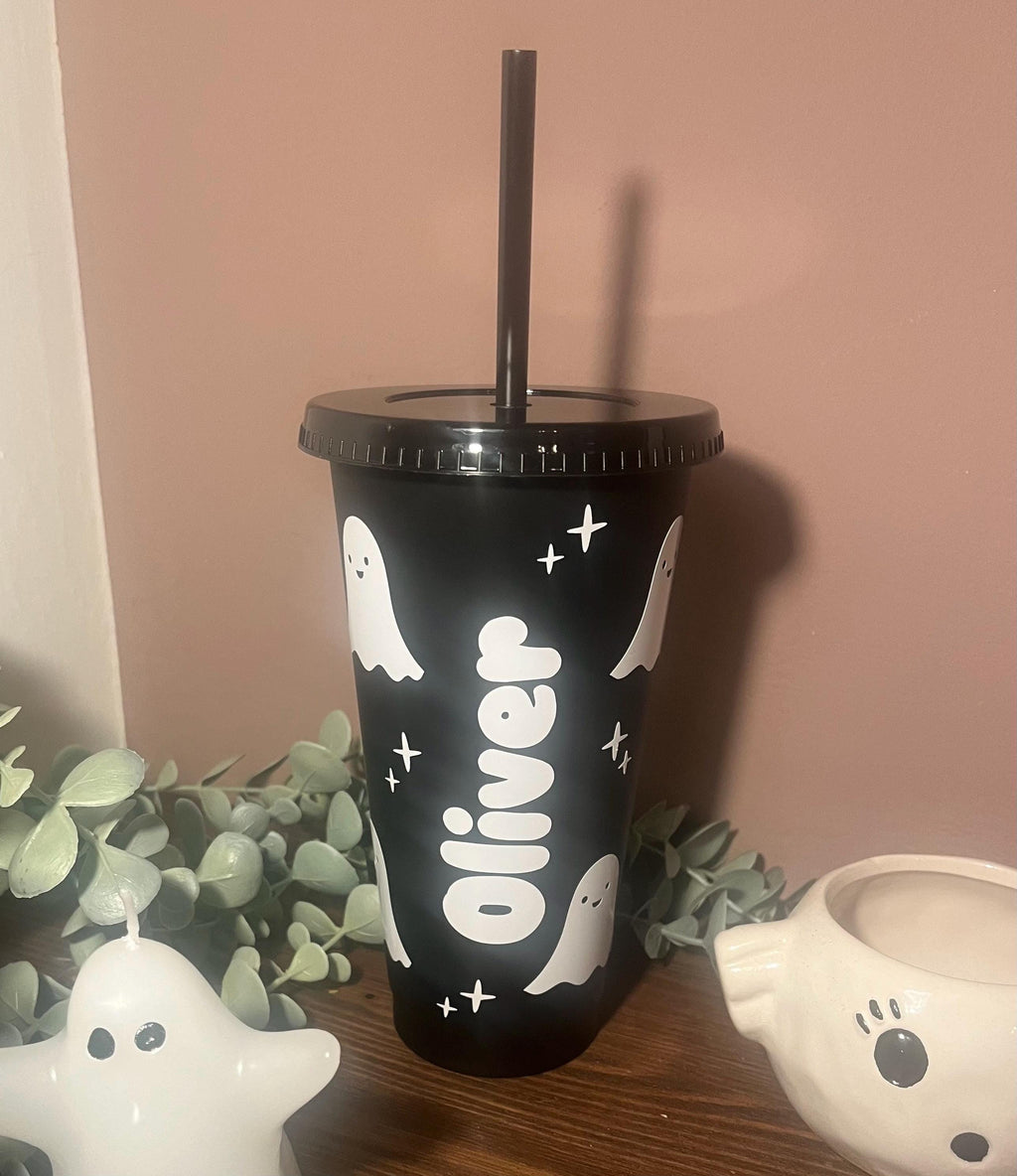 Halloween Cold Cup Cute | Ghost Starbucks Tumbler | Personalised Spooky Name Cup with lid & Straw | Black Halloween Tumbler Birthday Gift - The Crafty Bee