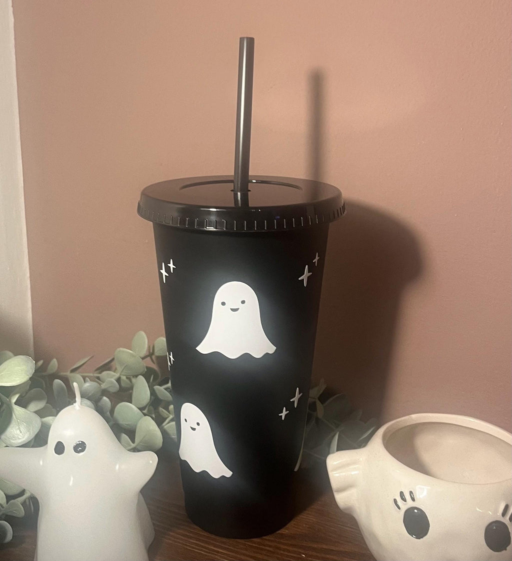 Halloween Cold Cup Cute | Ghost Starbucks Tumbler | Personalised Spooky Name Cup with lid & Straw | Black Halloween Tumbler Birthday Gift - The Crafty Bee