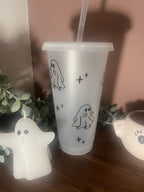 Halloween Cold Cup Cute | Ghost Starbucks Tumbler | Personalised Spooky Name Cup with lid & Straw | Black Halloween Tumbler Birthday Gift - The Crafty Bee