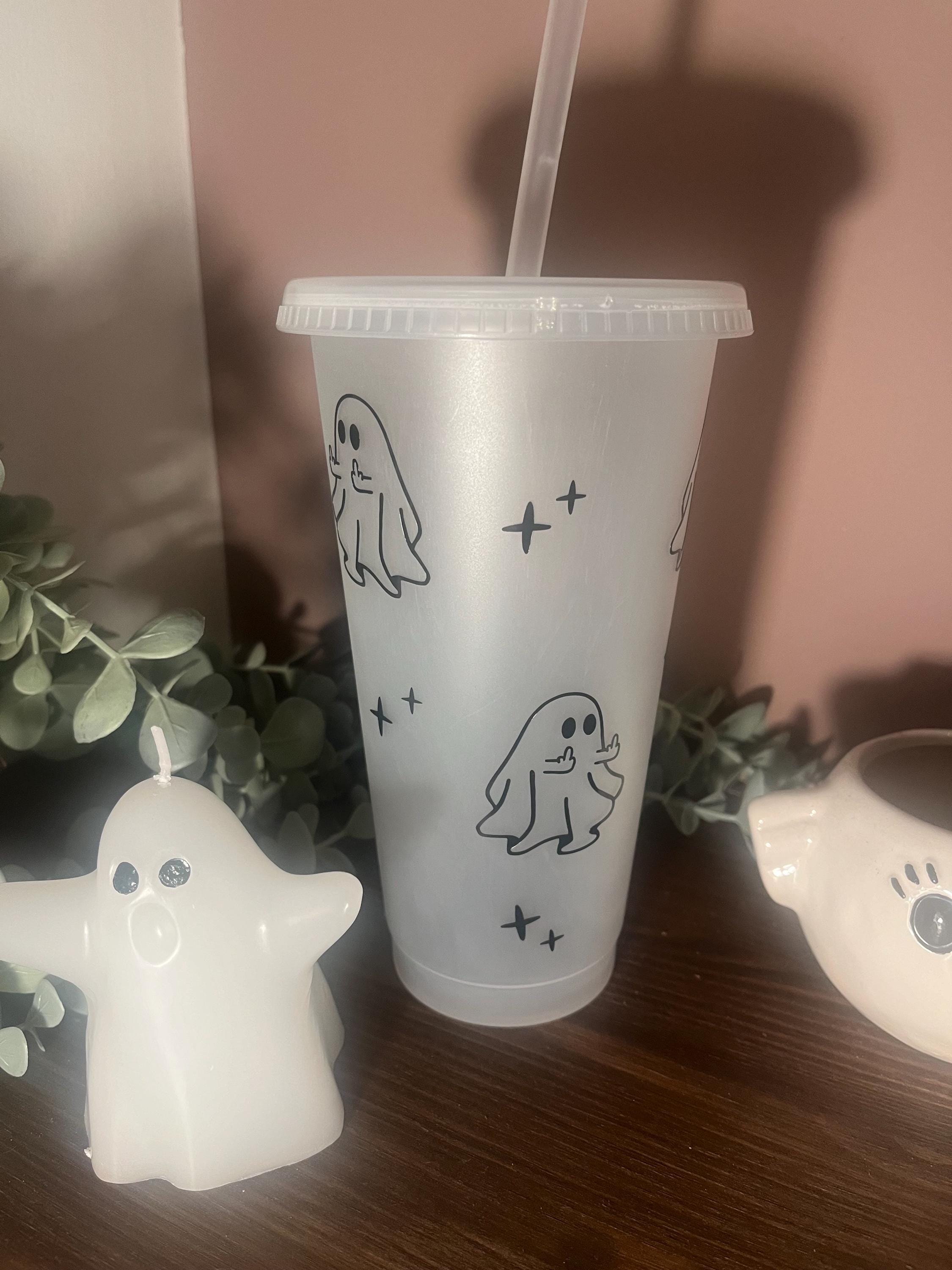 Halloween Cold Cup Cute | Ghost Starbucks Tumbler | Personalised Spooky Name Cup with lid & Straw | Black Halloween Tumbler Birthday Gift - The Crafty Bee