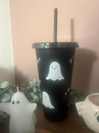 Halloween Cold Cup Cute | Ghost Starbucks Tumbler | Personalised Spooky Name Cup with lid & Straw | Black Halloween Tumbler Birthday Gift - The Crafty Bee
