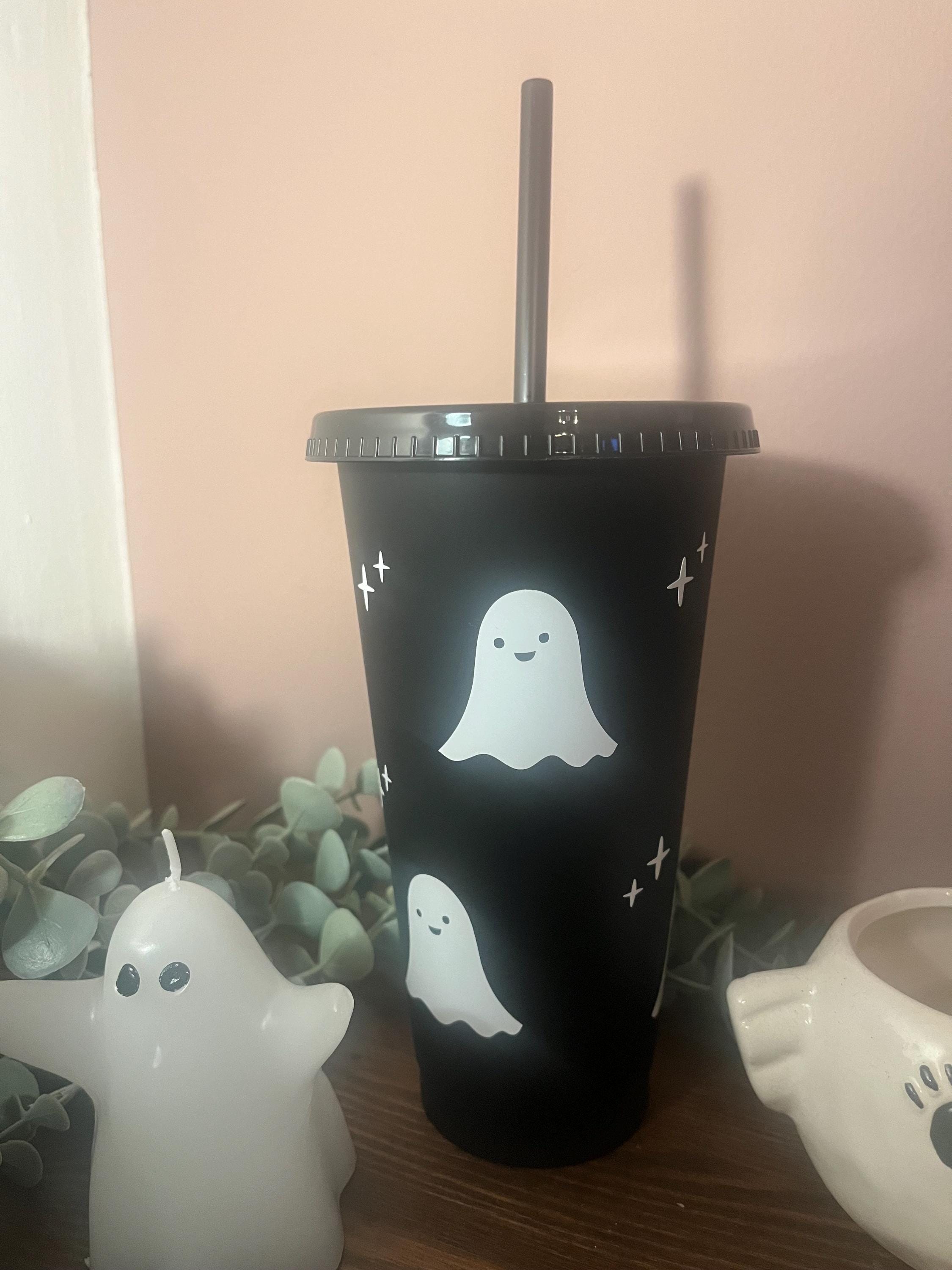 Halloween Cold Cup Cute | Ghost Starbucks Tumbler | Personalised Spooky Name Cup with lid & Straw | Black Halloween Tumbler Birthday Gift - The Crafty Bee