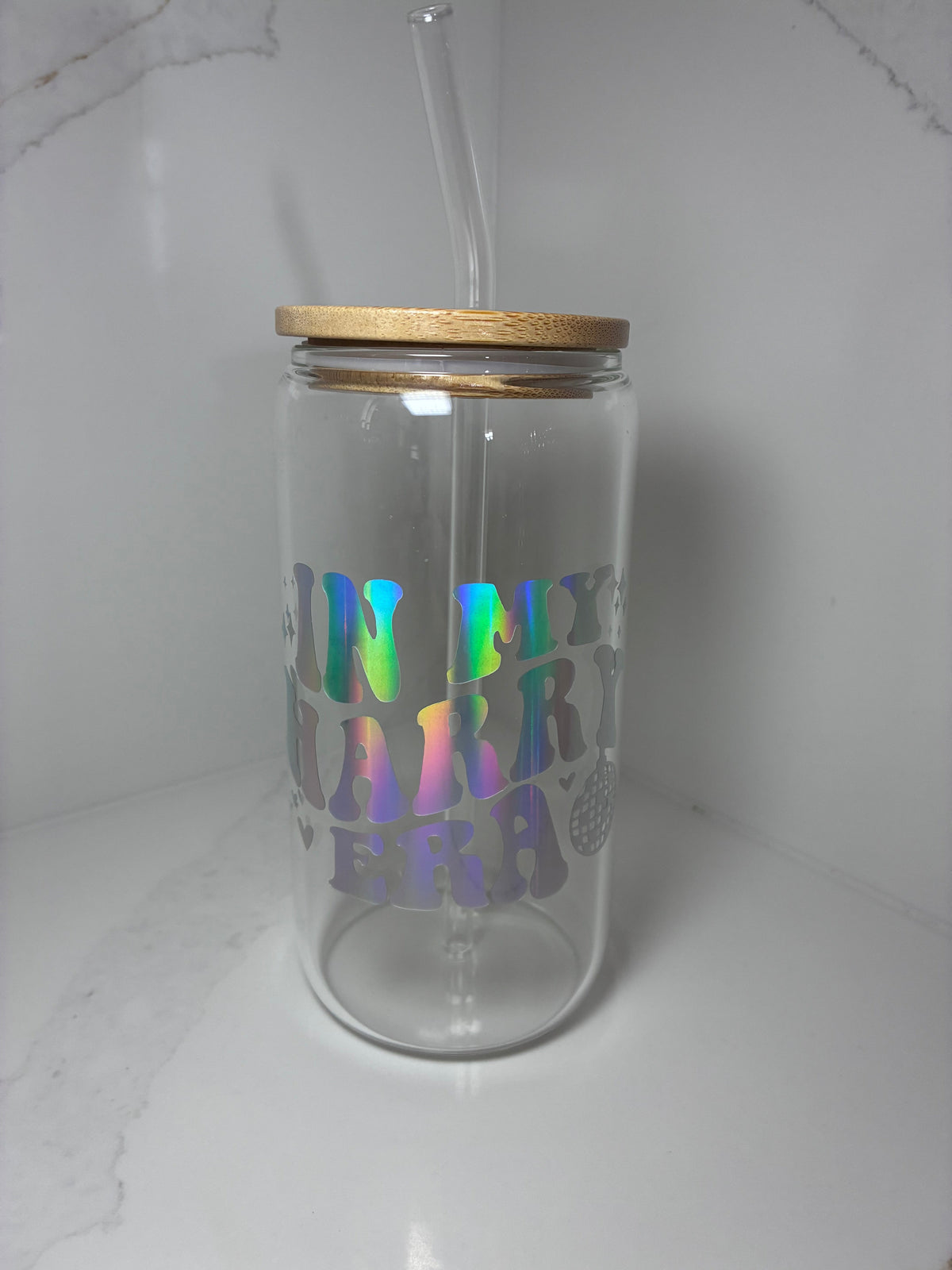 Harry Styles Glass Reusable Can with Bamboo Lid- 'In My Harry Era' Tumbler with Lid & Straw - The Crafty Bee