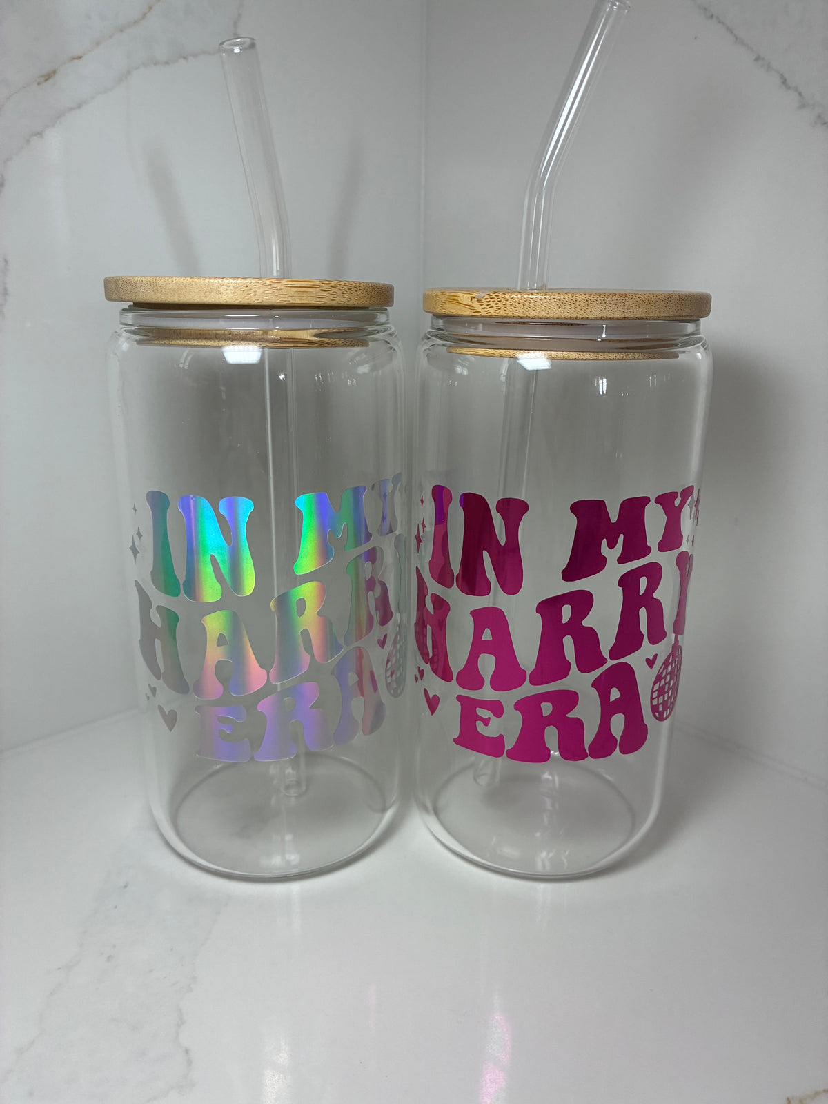 Harry Styles Glass Reusable Can with Bamboo Lid- 'In My Harry Era' Tumbler with Lid & Straw - The Crafty Bee