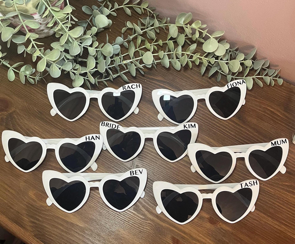 Bridal Hen Party Personalised Heart Sunglasses |  Bride Sunglasses with name  |  Bridal fun glasses