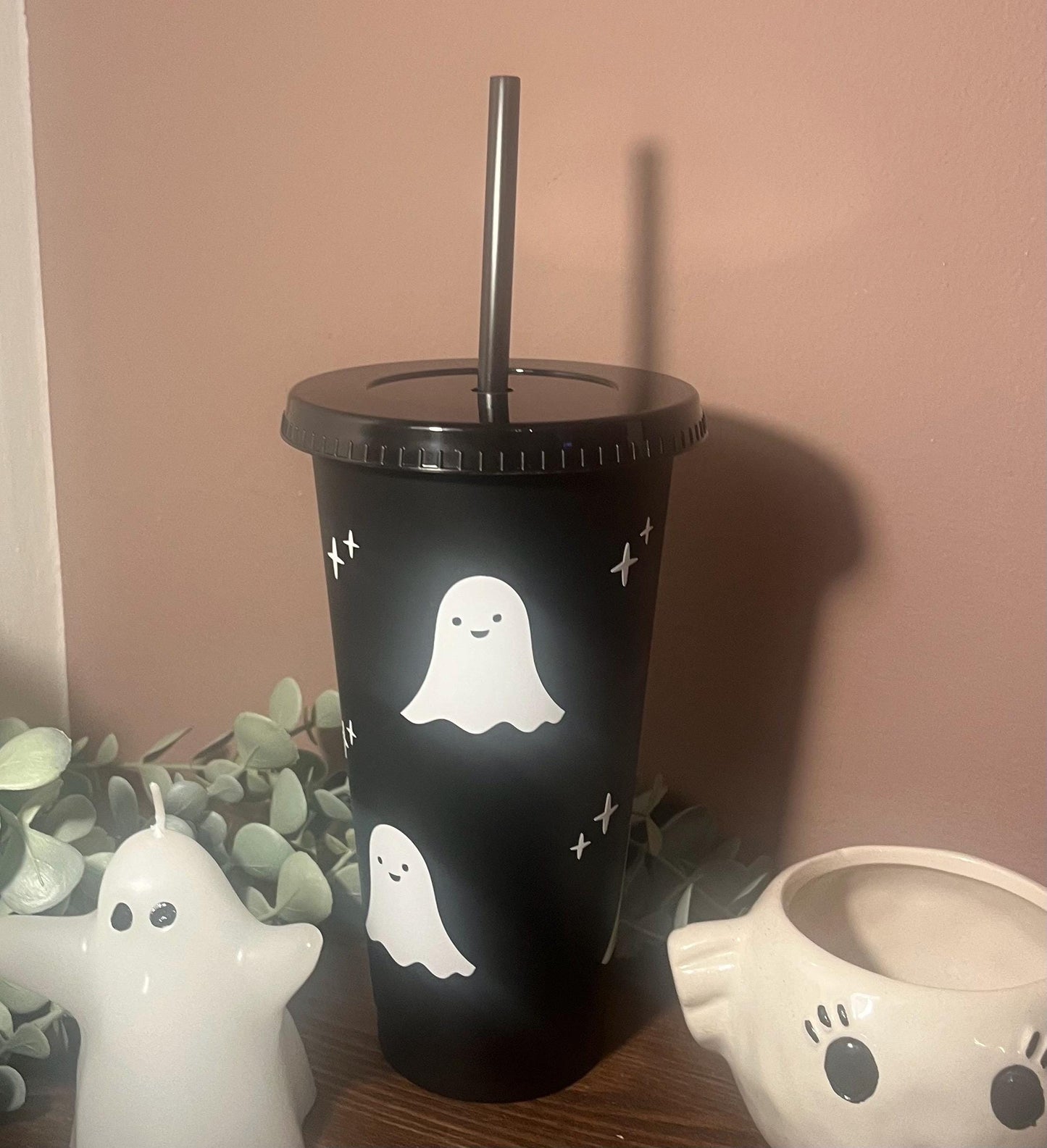 Cute Halloween Cold Cup |  Ghost Starbucks Tumbler | Personalised Spooky Name Cup with lid & Straw | Black Halloween Tumbler Birthday Gift