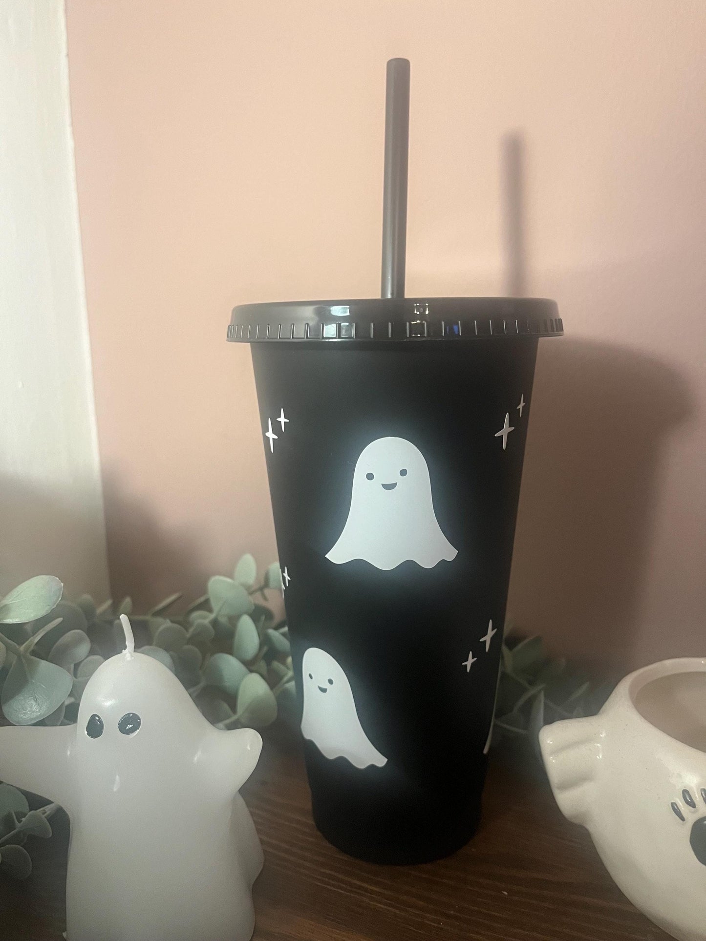 Cute Halloween Cold Cup |  Ghost Starbucks Tumbler | Personalised Spooky Name Cup with lid & Straw | Black Halloween Tumbler Birthday Gift