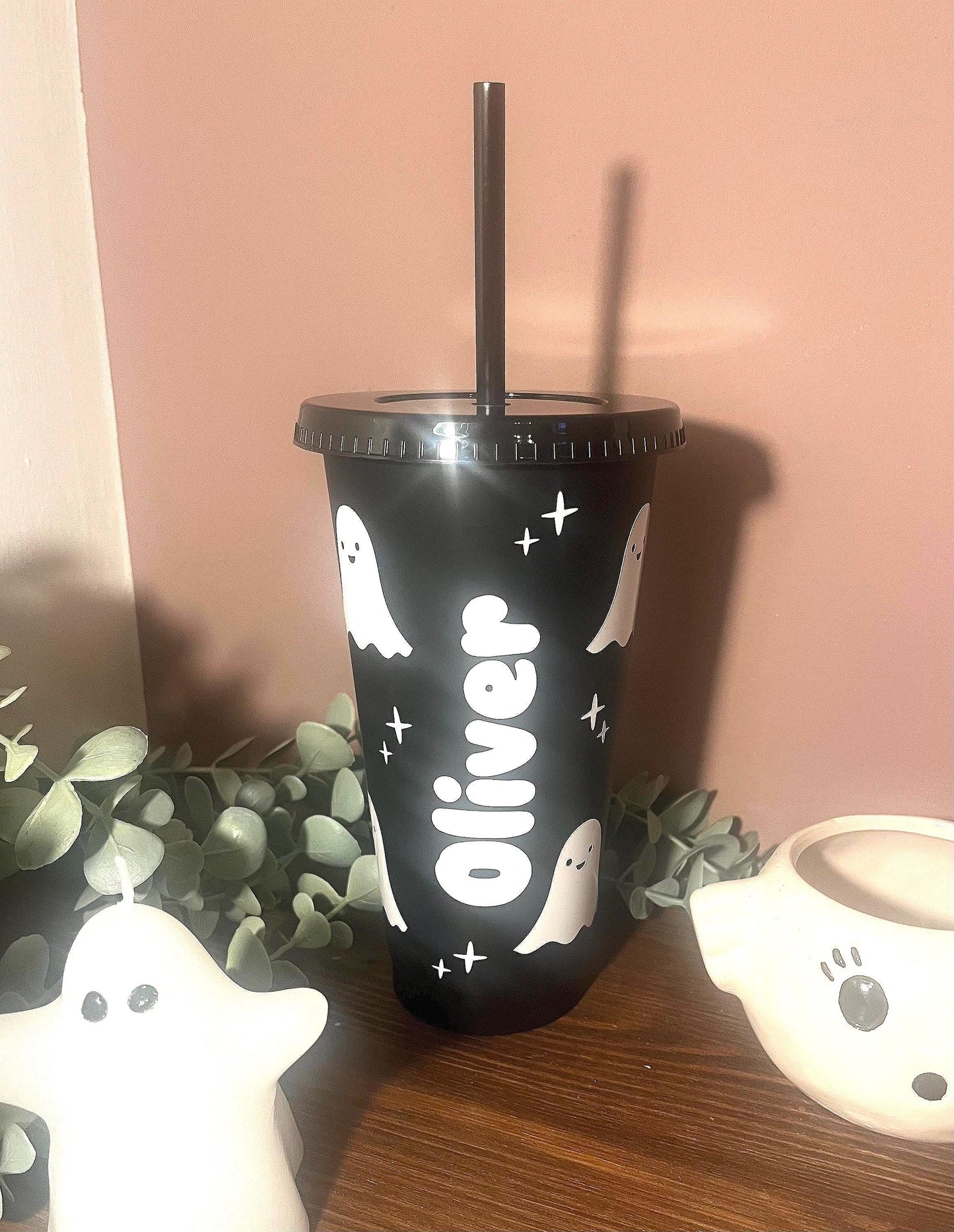 Cute Halloween Cold Cup |  Ghost Starbucks Tumbler | Personalised Spooky Name Cup with lid & Straw | Black Halloween Tumbler Birthday Gift