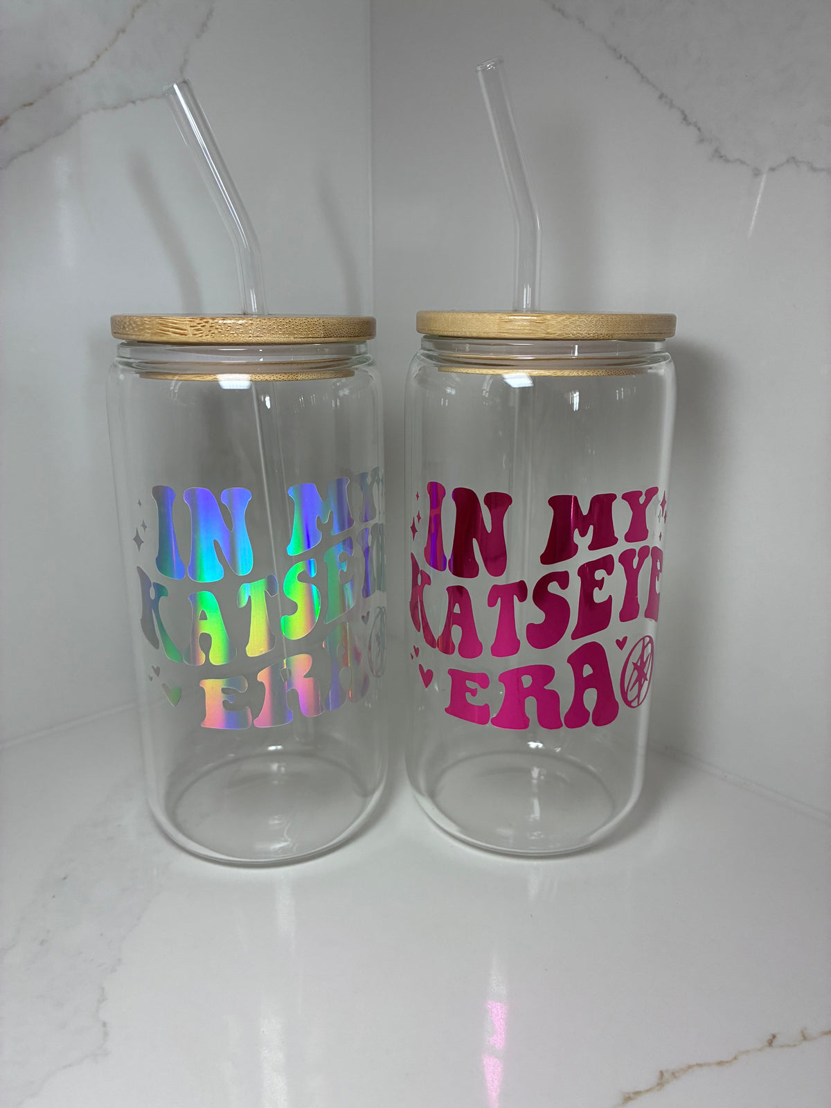 Katseye Era Glass Reusable Can with Bamboo Lid- 'In My Katseye Era' Tumbler with Lid & Straw - The Crafty Bee