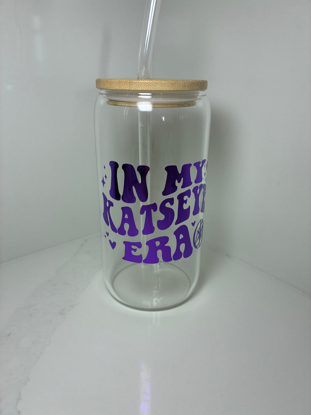 Katseye Era Glass Reusable Can with Bamboo Lid- 'In My Katseye Era' Tumbler with Lid & Straw - The Crafty Bee
