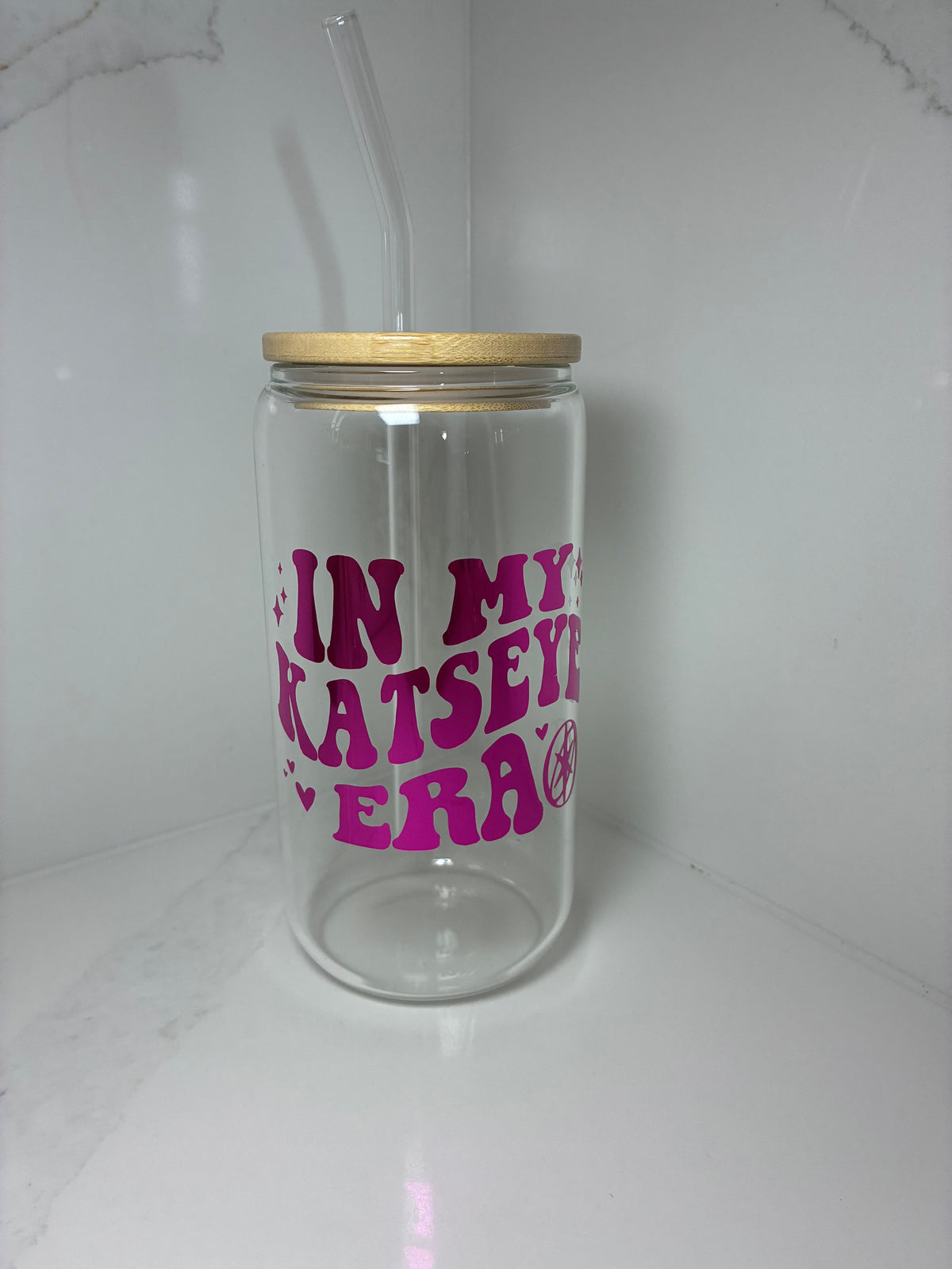 Katseye Era Glass Reusable Can with Bamboo Lid- 'In My Katseye Era' Tumbler with Lid & Straw - The Crafty Bee