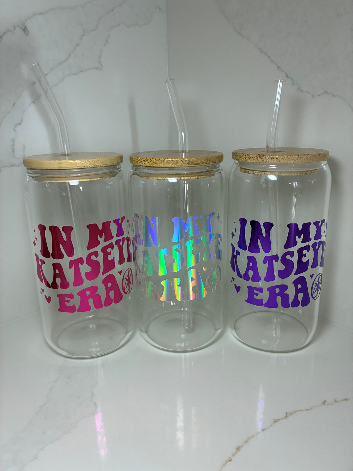 Katseye Era Glass Reusable Can with Bamboo Lid- 'In My Katseye Era' Tumbler with Lid & Straw - The Crafty Bee