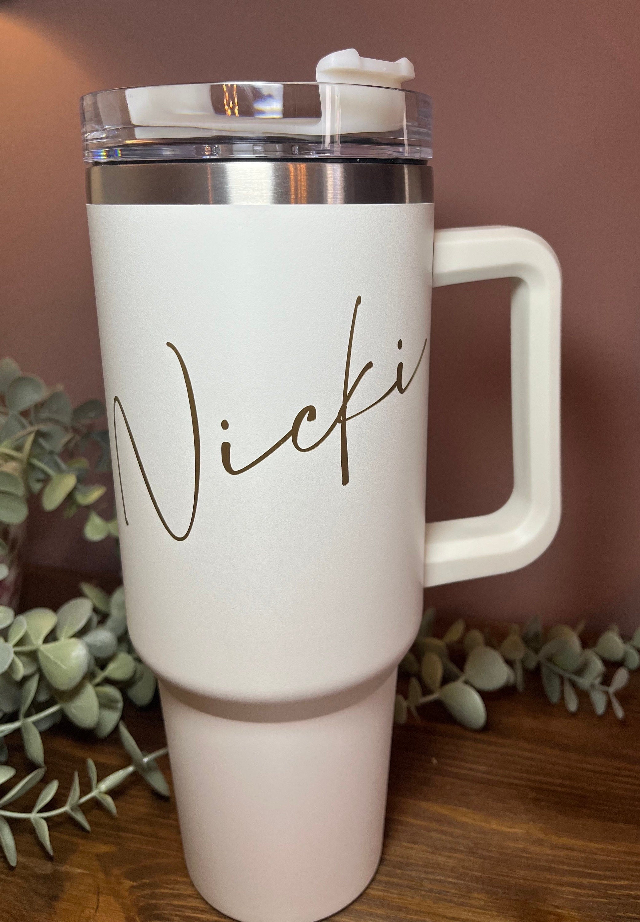 Name Insulated Travel Mug Personalised | Dupe Cold Cup / Tumbler | Bride Hen Wedding Travel Mug |Insulated Name Cup with Handle - The Crafty Bee