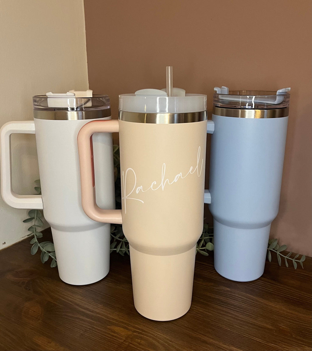 Name Insulated Travel Mug Personalised | Dupe Cold Cup / Tumbler | Bride Hen Wedding Travel Mug |Insulated Name Cup with Handle - The Crafty Bee