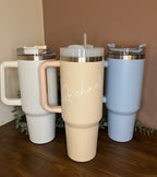Name Insulated Travel Mug Personalised | Dupe Cold Cup / Tumbler | Bride Hen Wedding Travel Mug |Insulated Name Cup with Handle - The Crafty Bee