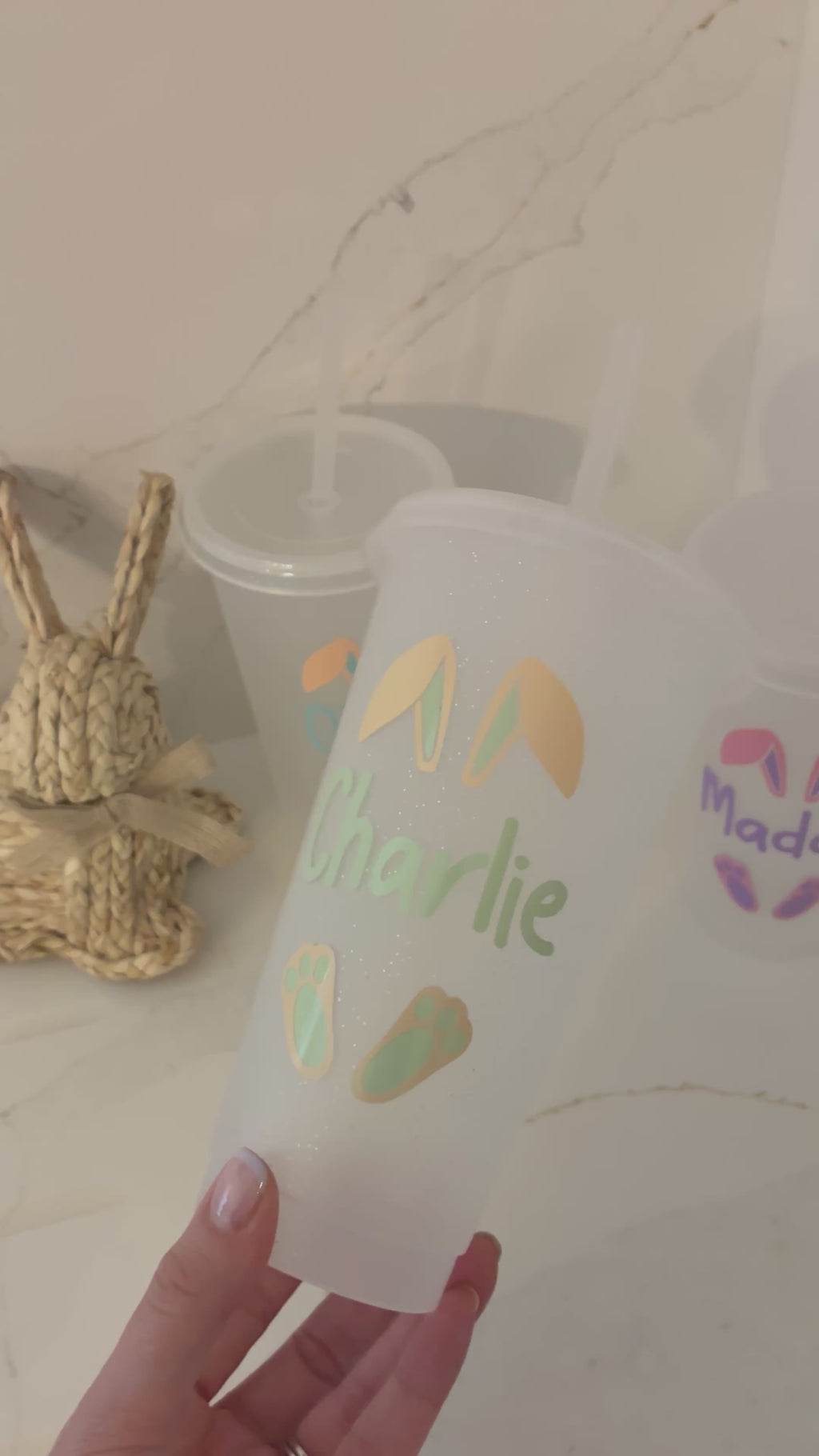 Personalised Easter Reusable Tumbler: Easter Basket Gift with Bunny Ears, Spring Drinks Cup for Kids
