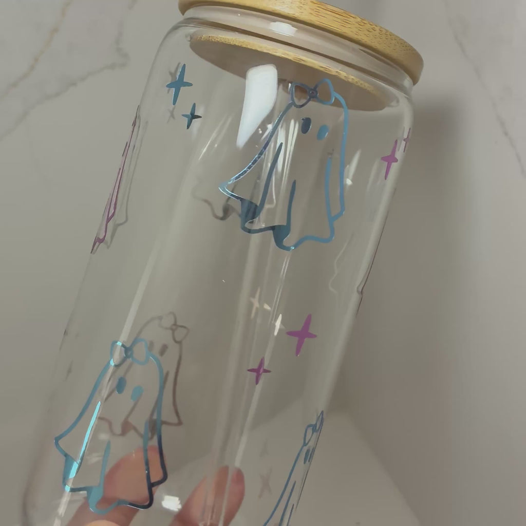 Cute Ghost with Bow Glass Cup | Sweet, Girly Ghost Boo Basket Gift Tumbler