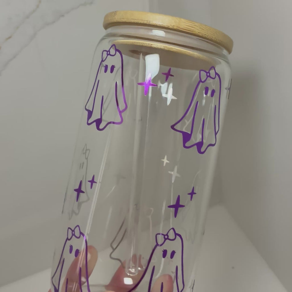 Cute Ghost with Bow Glass Cup | Sweet, Girly Ghost Boo Basket Gift Tumbler