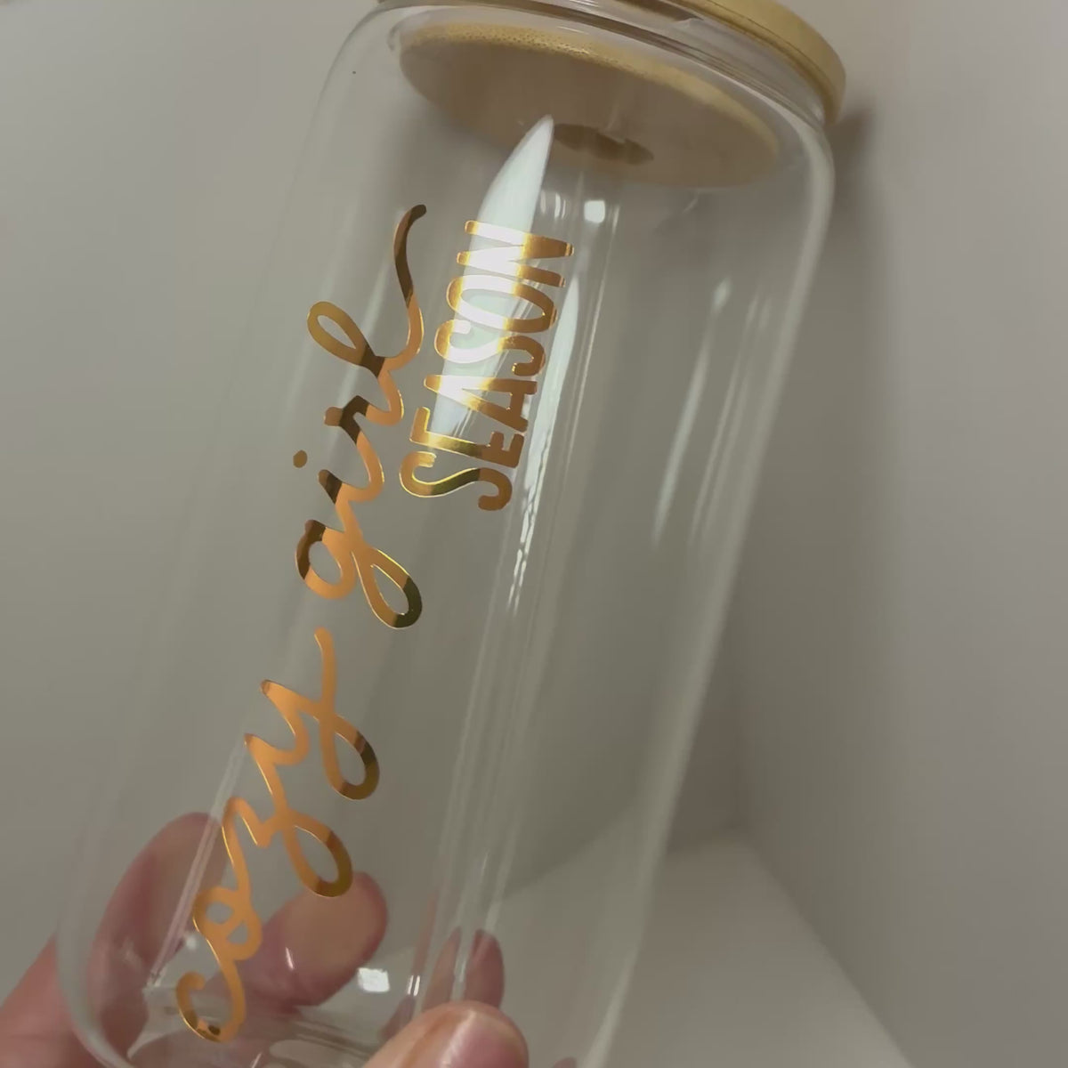 Cozy Girl Era Glass Can with Bamboo lid & Straw: Cozy Season/Autumnal Glass Cup