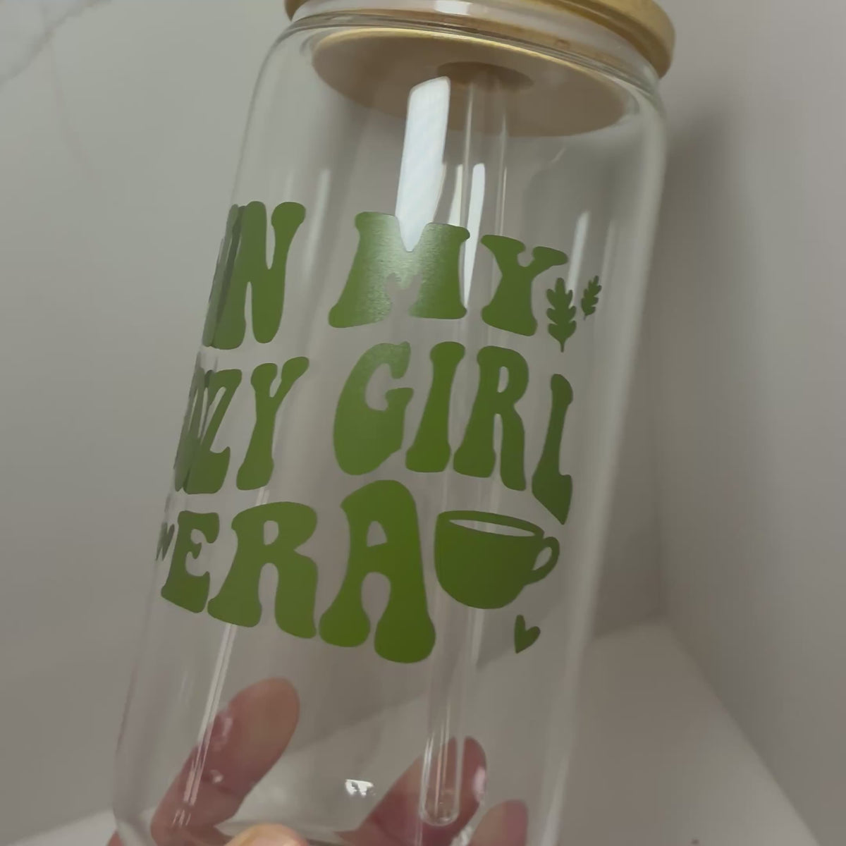 Cozy Girl Era Glass Can with Bamboo lid & Straw: Cozy Season/Autumnal Glass Cup