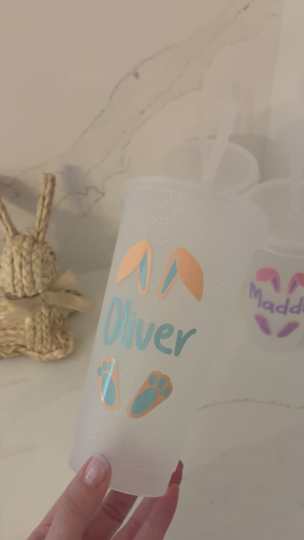 Personalised Easter Reusable Tumbler: Easter Basket Gift with Bunny Ears, Spring Drinks Cup for Kids