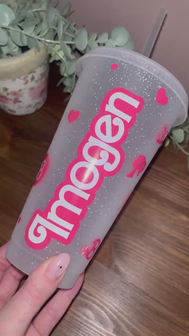 Barbie Cold Cup | Barbie Starbucks Tumbler |Personalised Name Barbie Cup with lid & Straw | Barbie Merch | Pink Barbie Tumbler Birthday Gift