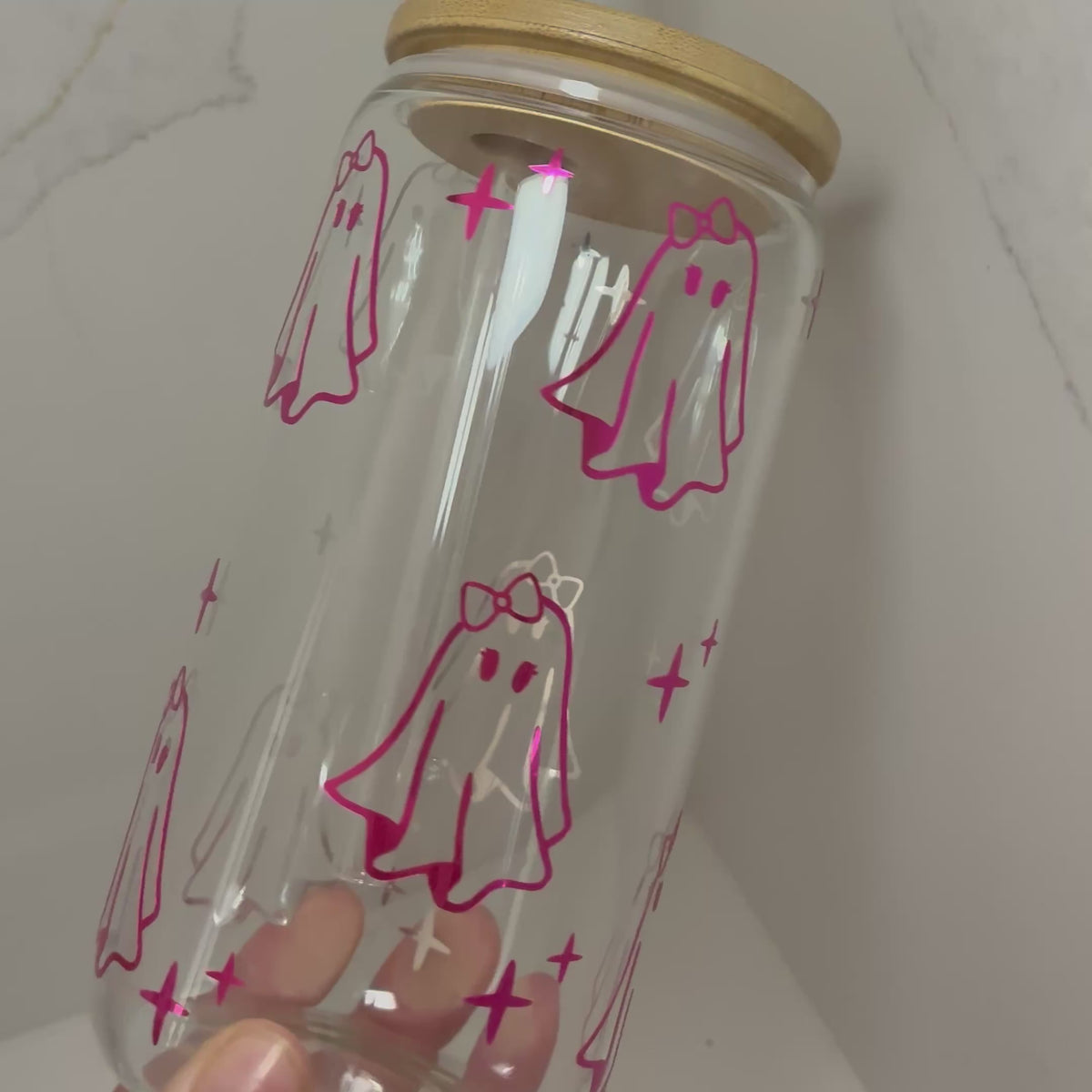 Cute Ghost with Bow Glass Cup | Sweet, Girly Ghost Boo Basket Gift Tumbler