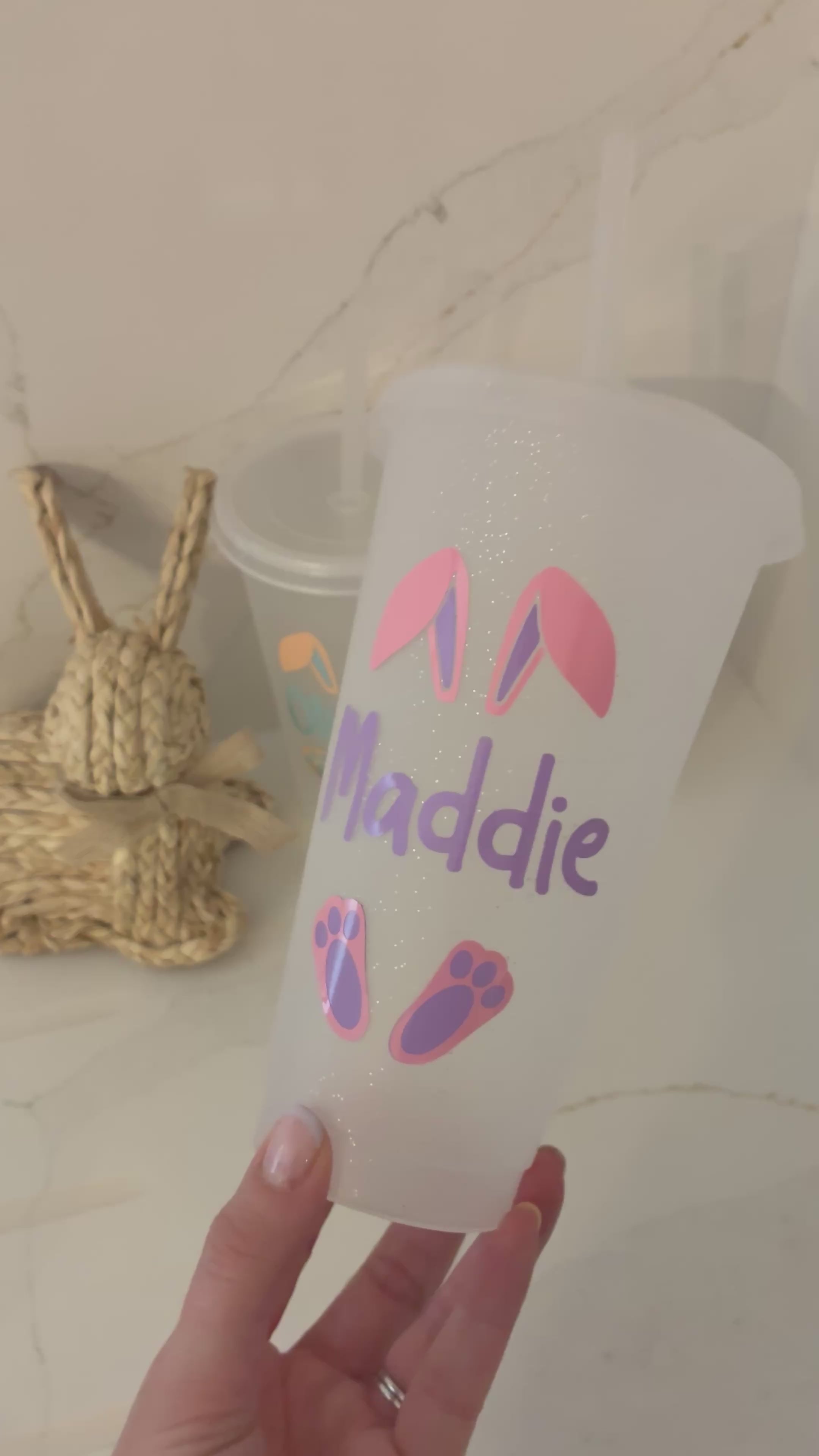 Personalised Easter Reusable Tumbler: Easter Basket Gift with Bunny Ears, Spring Drinks Cup for Kids