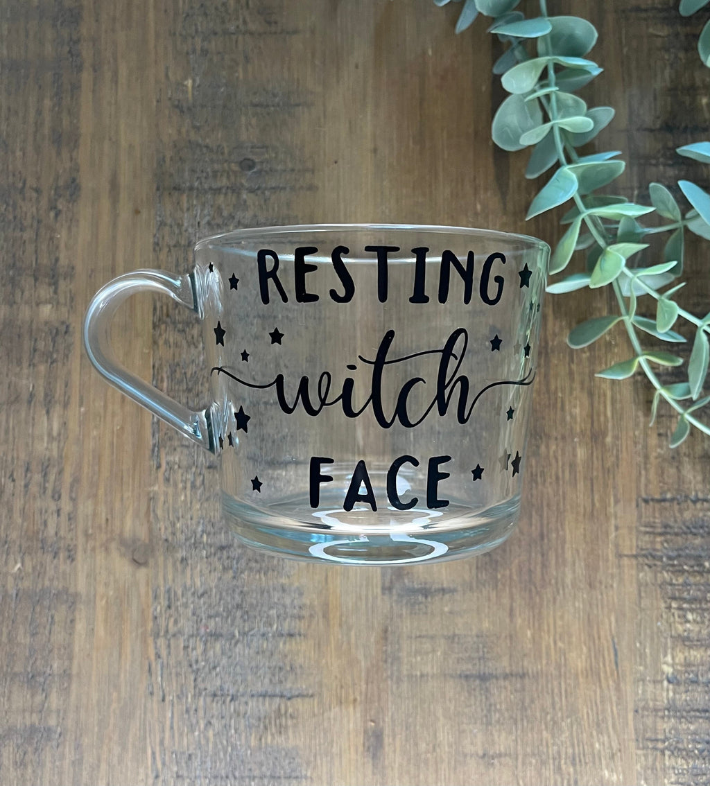 Resting Witch Face Glass Mug | Halloween Mug | Custom Foil Colours | Funny Witch Gift | Autumn Coffee Cup - The Crafty Bee