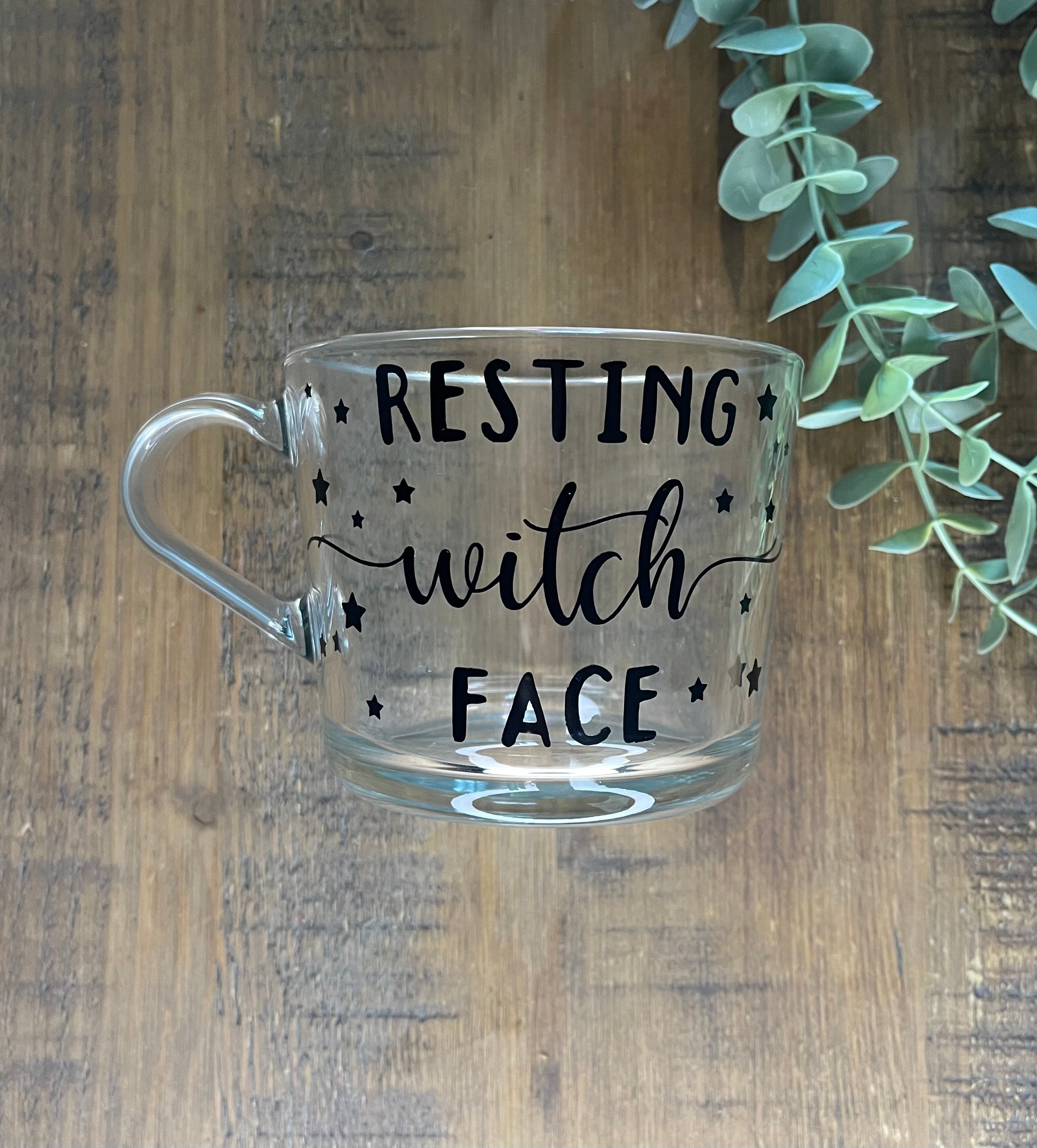 Resting Witch Face Glass Mug | Halloween Mug | Custom Foil Colours | Funny Witch Gift | Autumn Coffee Cup - The Crafty Bee
