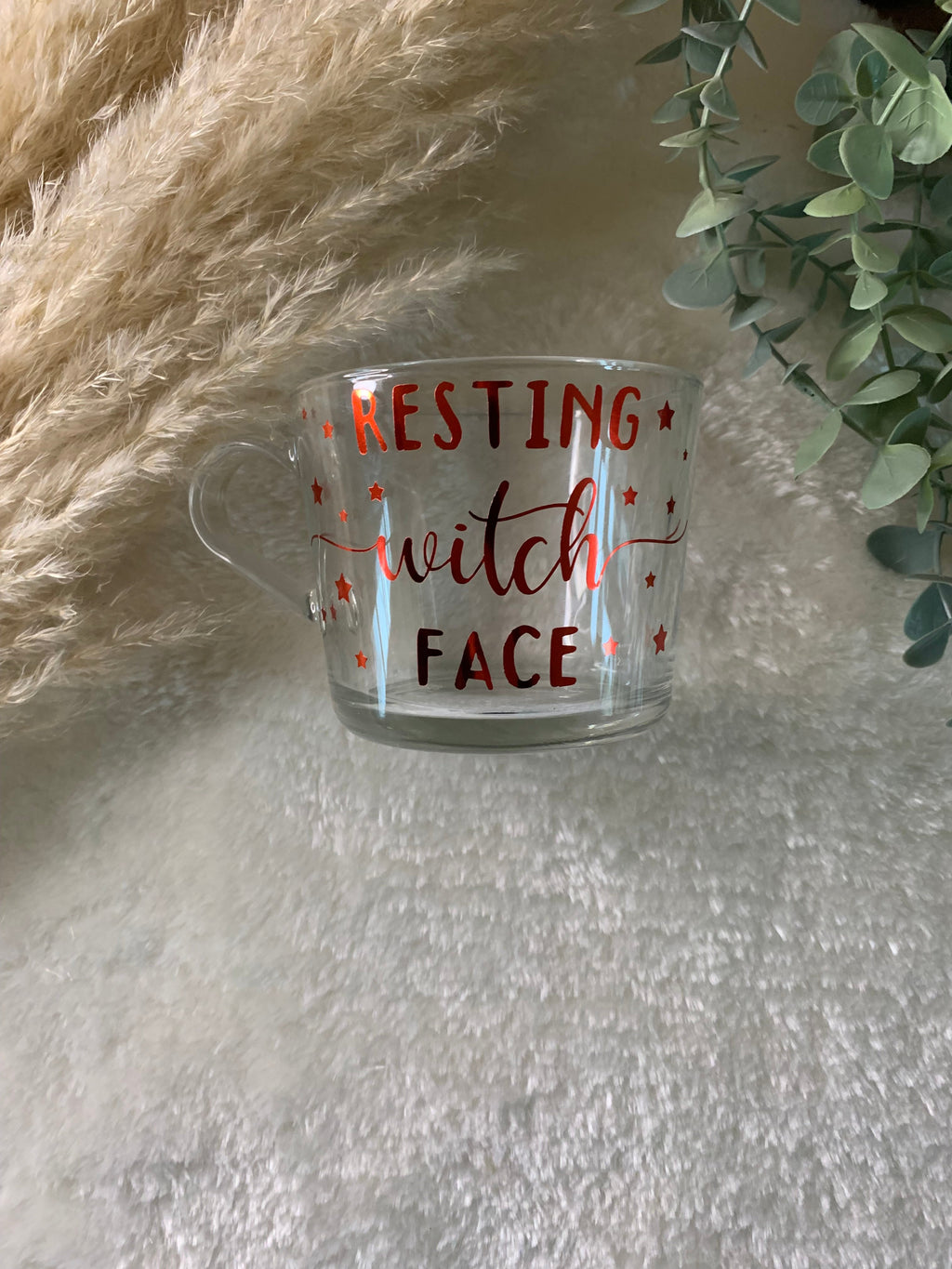 Resting Witch Face Glass Mug | Halloween Mug | Custom Foil Colours | Funny Witch Gift | Autumn Coffee Cup - The Crafty Bee