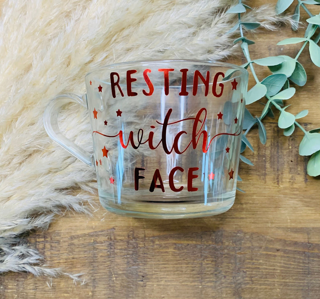 Resting Witch Face Glass Mug | Halloween Mug | Custom Foil Colours | Funny Witch Gift | Autumn Coffee Cup - The Crafty Bee
