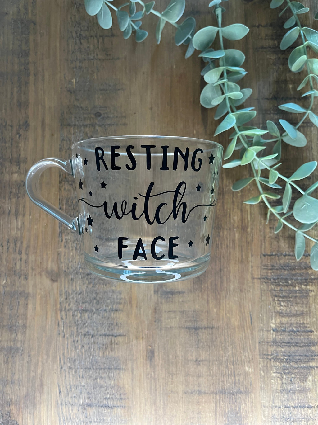 Resting Witch Face Glass Mug | Halloween Mug | Custom Foil Colours | Funny Witch Gift | Autumn Coffee Cup - The Crafty Bee