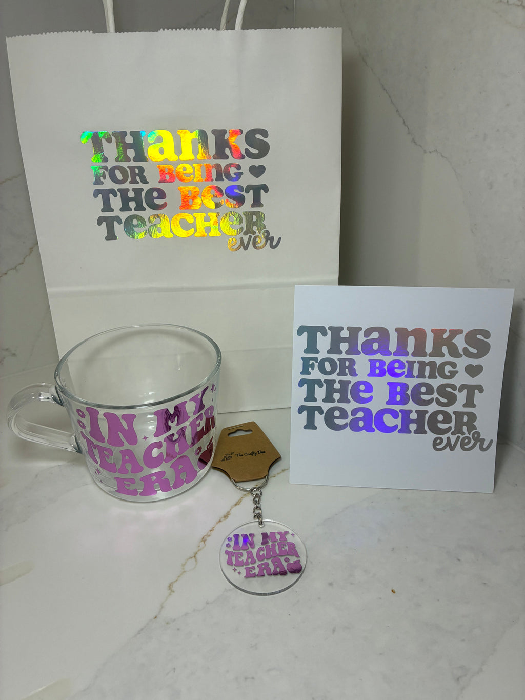 Teacher Gift Set Coffee/Tea Cup | Teacher Era Tumbler Gift set | Teacher Mug, keyring & card gift - The Crafty Bee