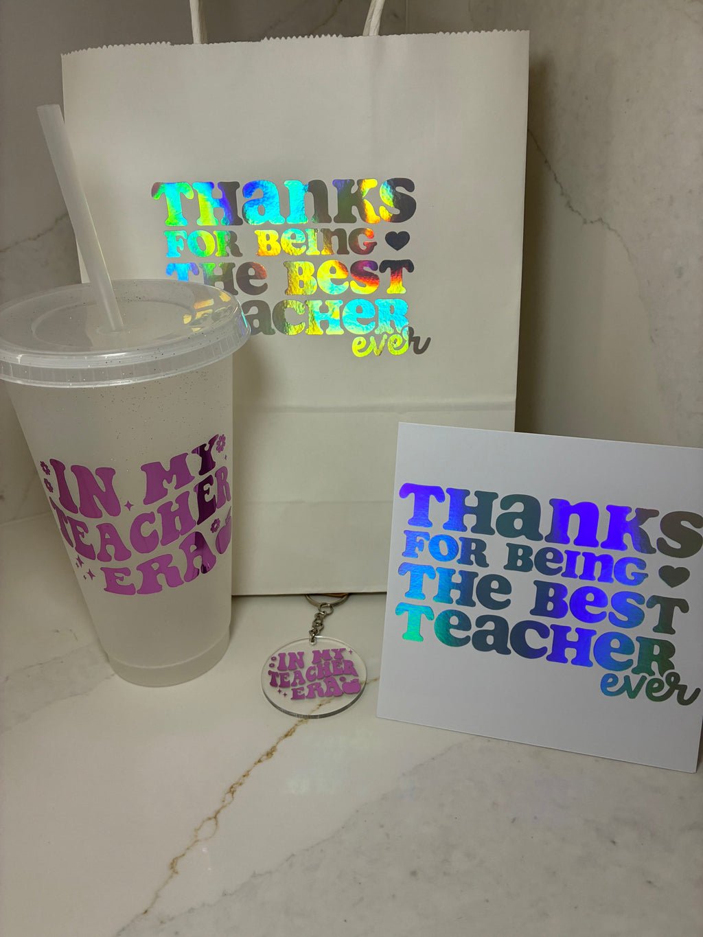 Teacher Gift Set Coffee/Tea Cup | Teacher Era Tumbler Gift set | Teacher Mug, keyring & card gift - The Crafty Bee